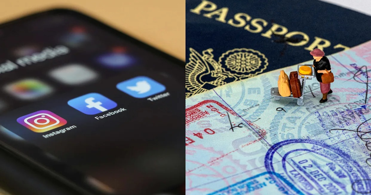 Smartphone con apps de redes sociales y pasaporte con modelo de viajero