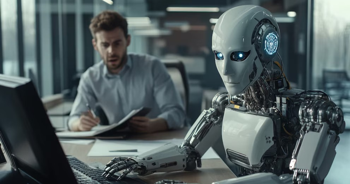 Robot humanoide en oficina moderna con hombre sorprendido al fondo