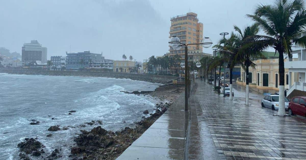 Paisaje urbano costero lluvioso en Mazatlán con edificios, acera y palmeras