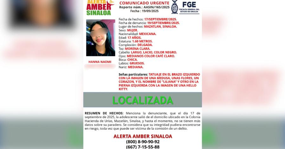 Comunicado de Alerta AMBER sobre Hanna Naomi, joven localizada en Mazatlán.