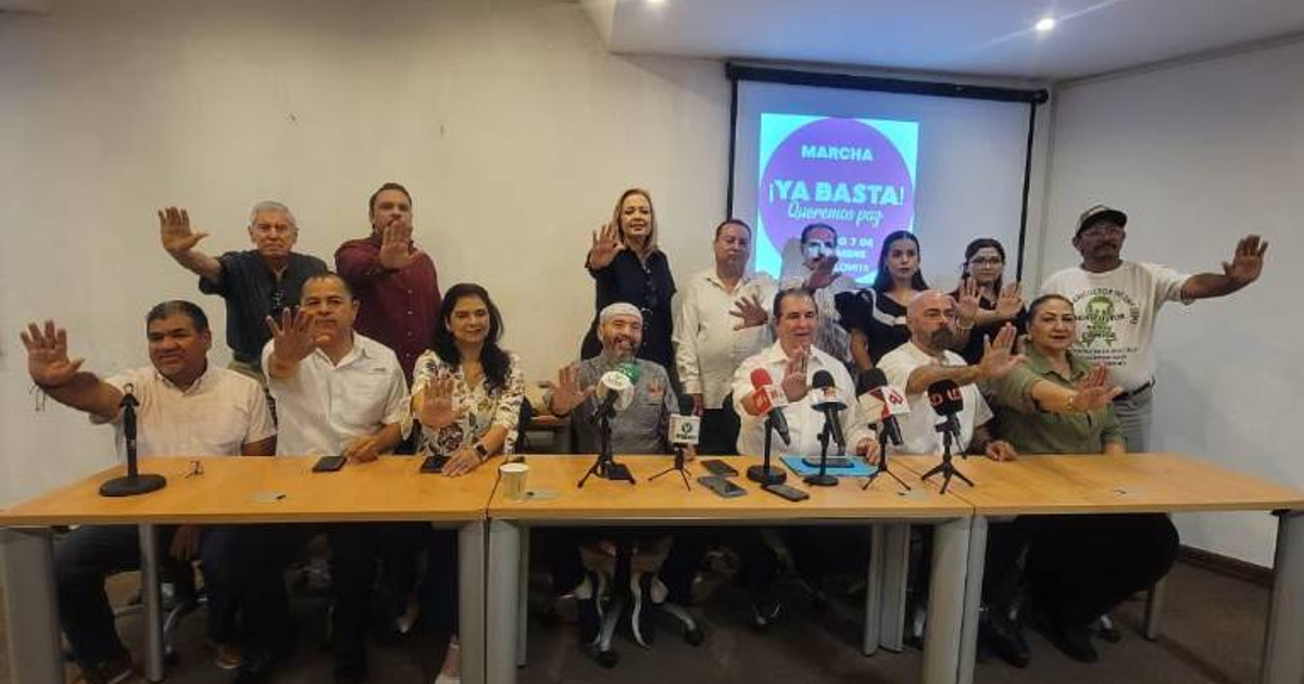 Personas en conferencia sobre marcha '¡Ya Basta! Queremos Paz' en Culiacán, con manos levantadas y pantalla de fondo.