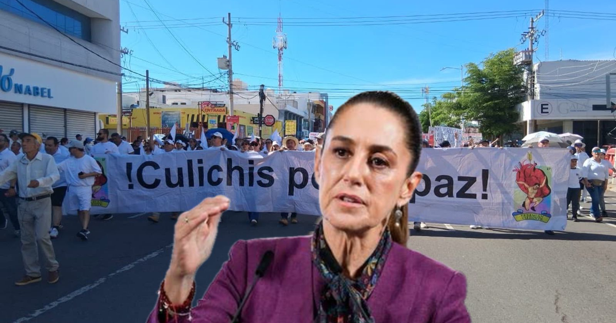 Manifestación 'Culichis por Paz' en Ciudad de México con una mujer al frente hablando.