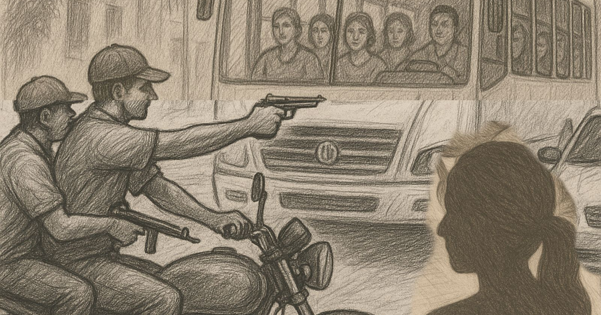 Dibujo en blanco y negro de un autobús urbano en Mazatlán con hombres armados en motocicleta