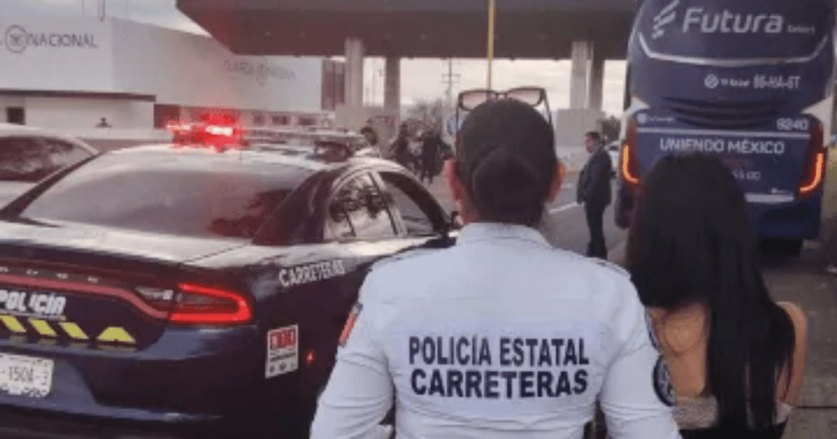 Operativo policial en carretera con patrullero y autobús interceptado