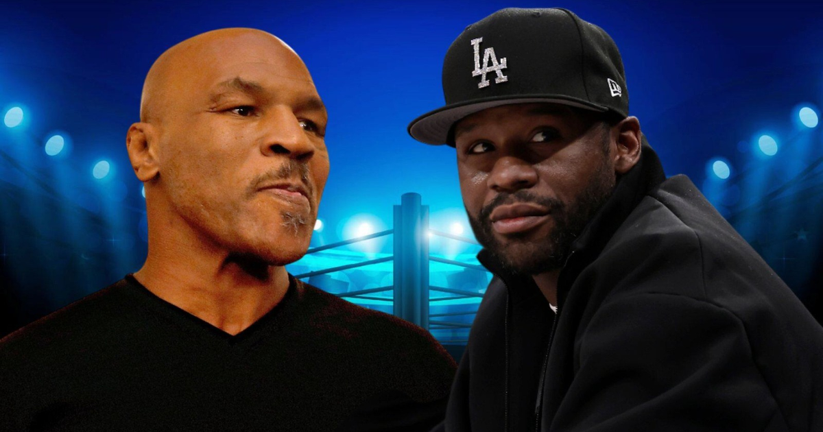 Dos figuras en un escenario de boxeo, simbolizando el regreso de Tyson y Mayweather al ring.