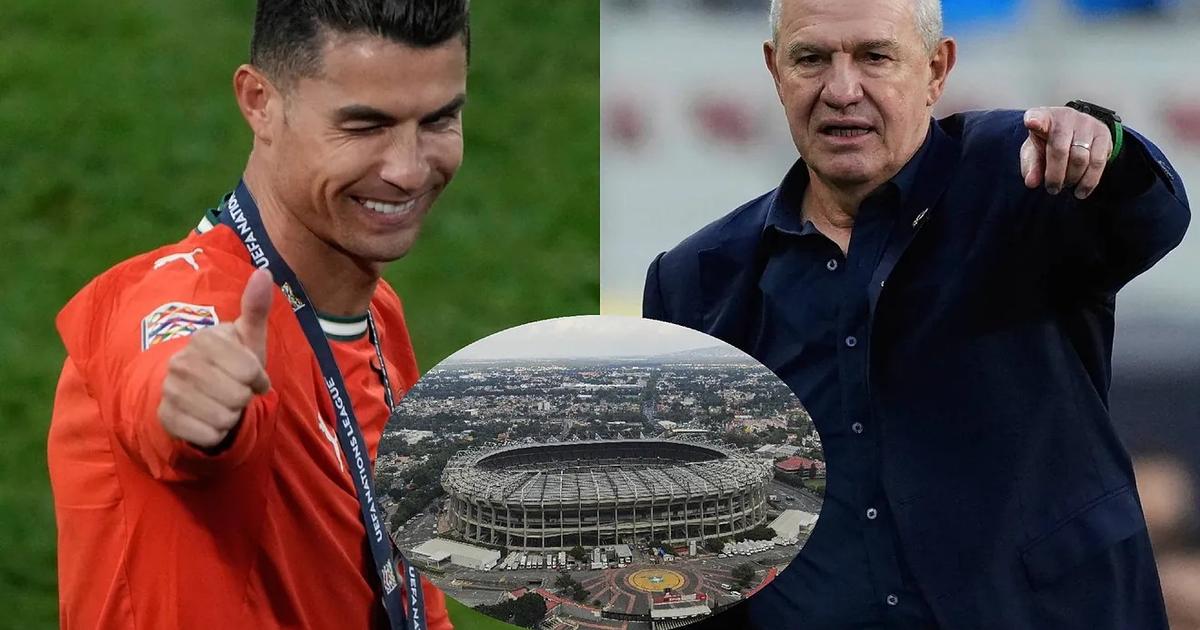 Hombre sonriendo y haciendo pulgar arriba, otro señalando, vista aérea de estadio, relacionado con partido México vs Portugal.