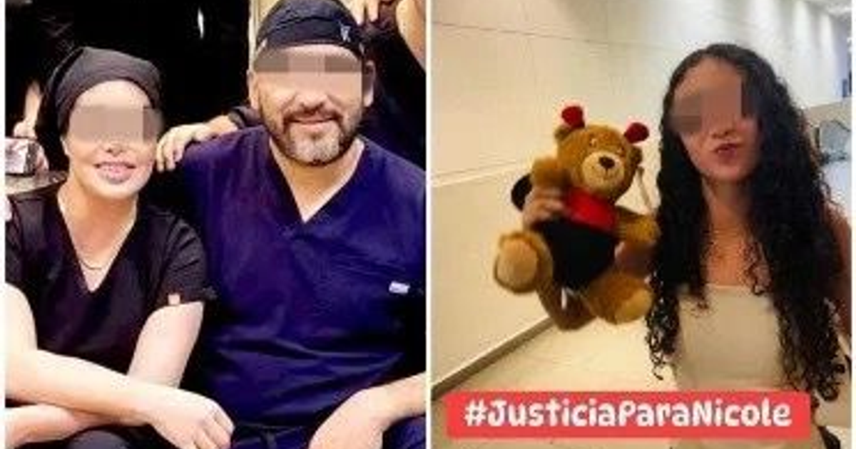 Dos fotos: personas en entorno médico y persona con oso de peluche, texto '#JusticiaParaNicole'.