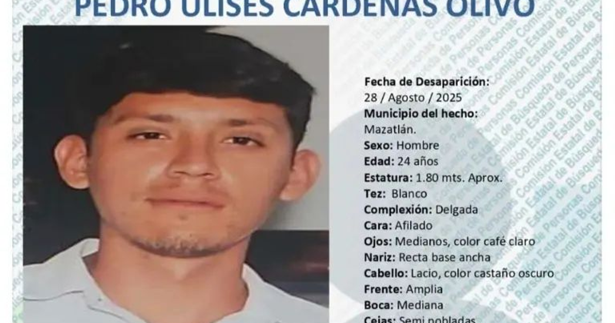 Cartel de búsqueda de Pedro Ulises Cárdenas Olivo, desaparecido en Mazatlán el 28 de agosto de 2025.