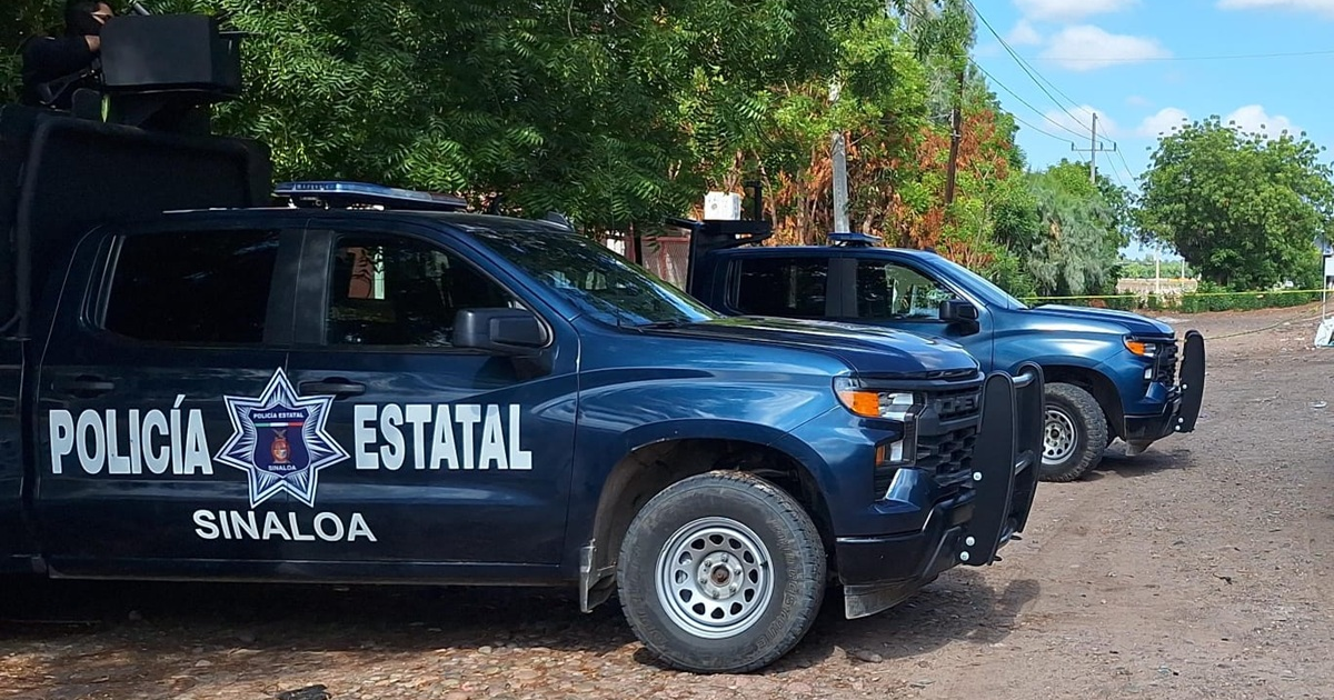 Camionetas de la Policía Estatal de Sinaloa en un camino de tierra rodeado de vegetación.