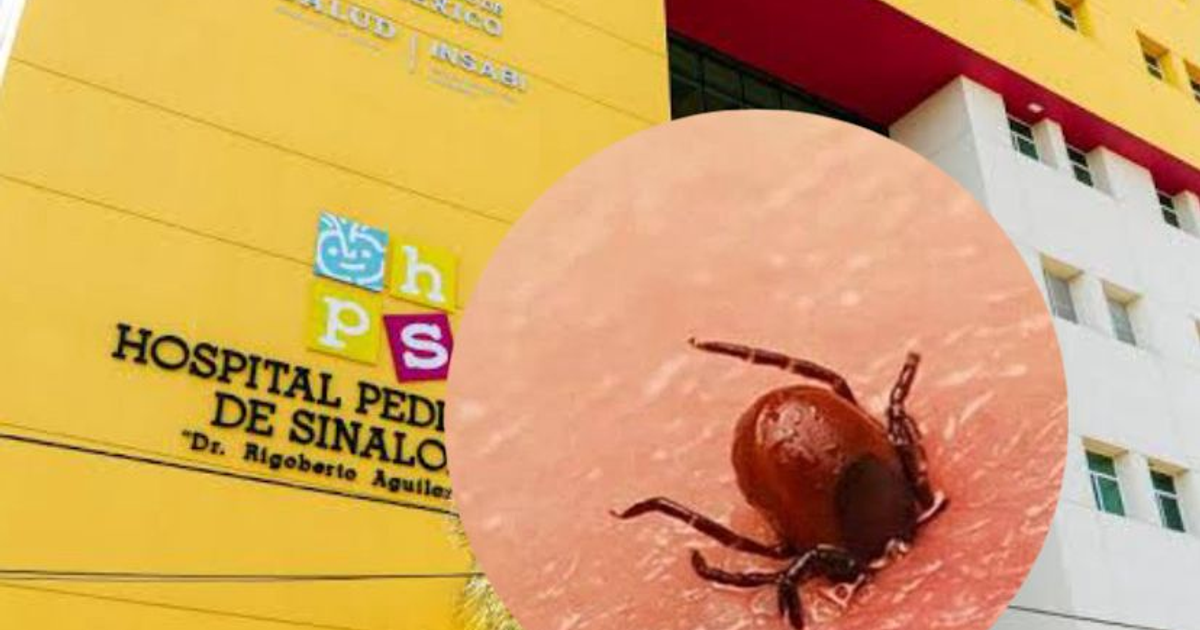 Edificio amarillo del Hospital Pediátrico de Sinaloa con letrero y garrapata en círculo