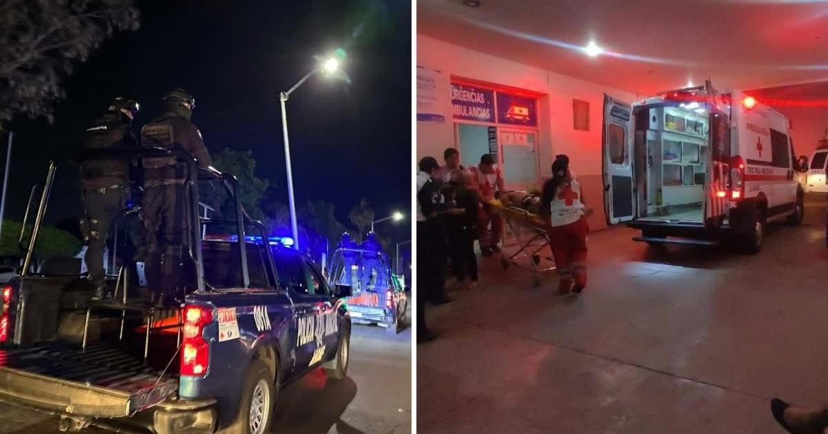 Vehículo de policía y ambulancia en operación nocturna en Los Mochis, Sinaloa.
