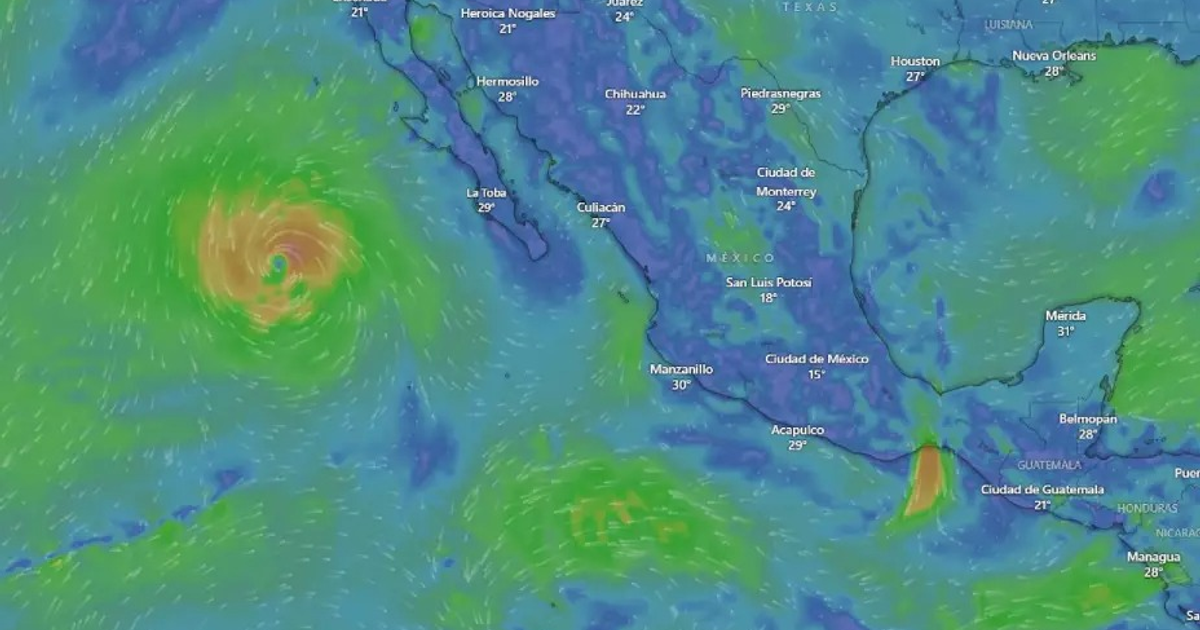 Mapa meteorológico del Golfo de California mostrando tormenta y temperaturas