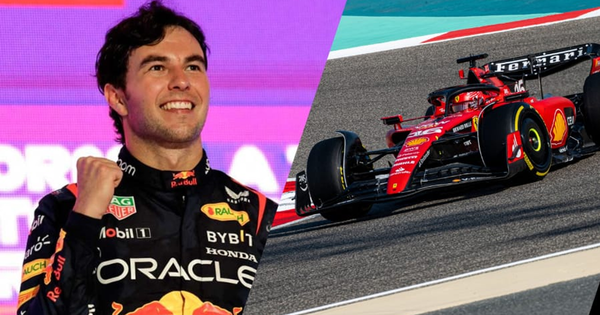 Sergio Pérez sonríe y levanta el puño junto a un Ferrari en Silverstone