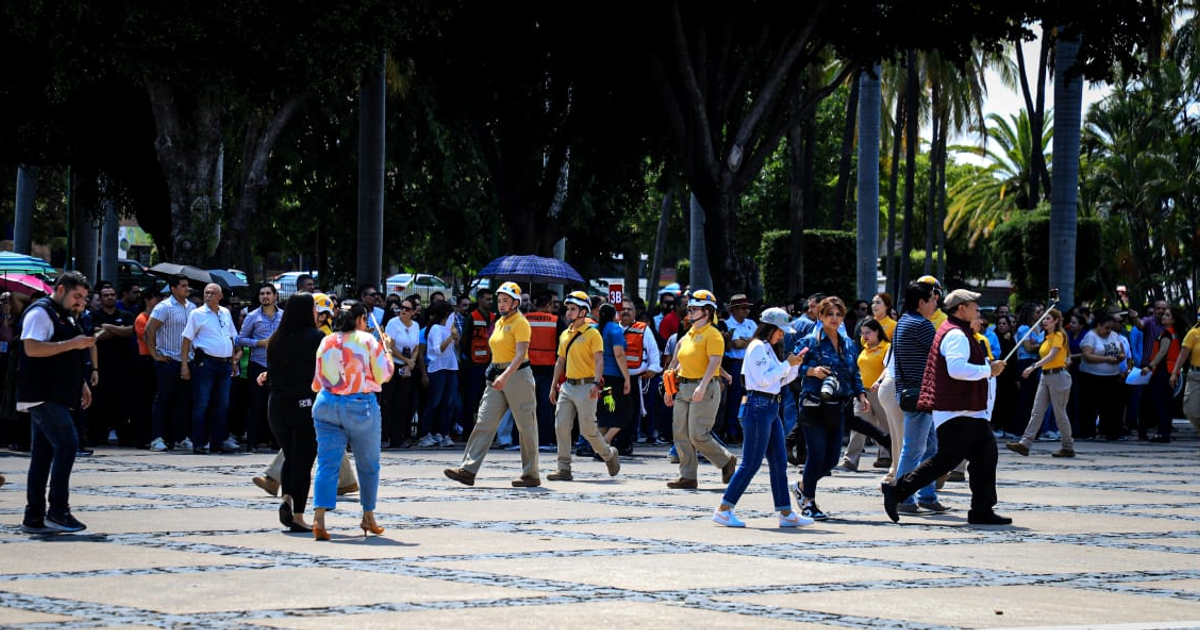 Grupo de personas participando en simulacro nacional en Culiacán, Sinaloa, con uniformes amarillos y vestimenta casual, rodeados de árboles y palmeras.