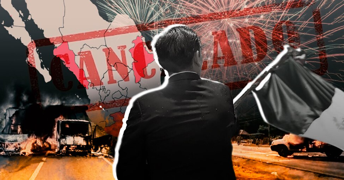 Composición visual con vehículos en llamas, mapa de México, figura con bandera y sello 'CANCELADO'.