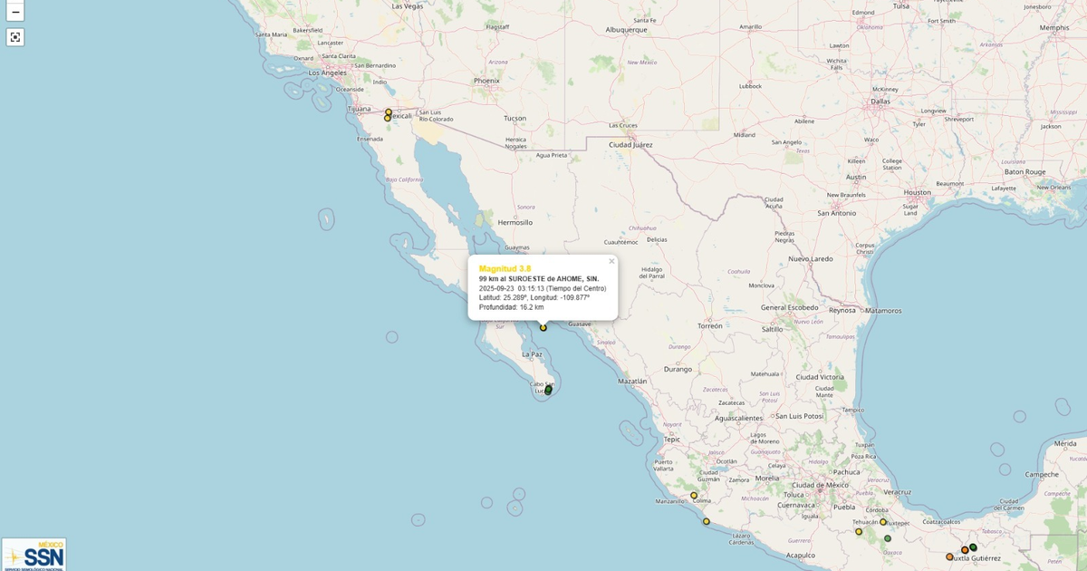 Mapa de actividad sísmica en el suroeste de EE.UU. y noroeste de México con un sismo destacado cerca de Ahome, Sinaloa.