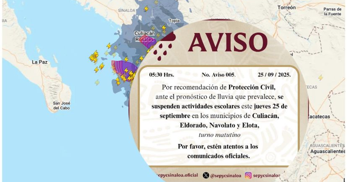 Aviso de Protección Civil sobre suspensión de clases en Culiacán y municipios vecinos por lluvias, con mapa meteorológico.