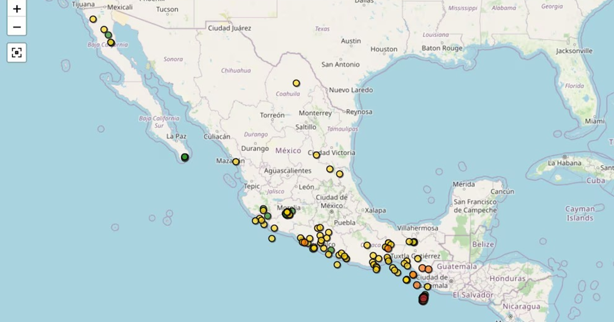 Mapa de México y Centroamérica con puntos de actividad sísmica reciente