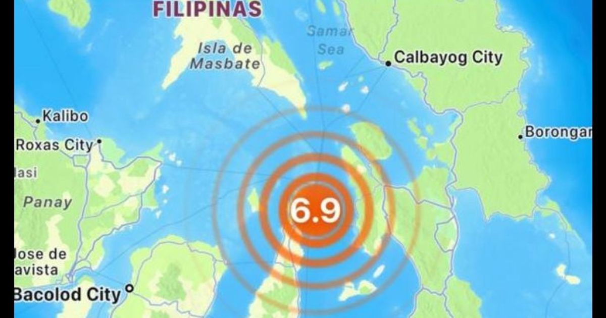 Mapa de Filipinas con epicentro de sismo de magnitud 6.9 cerca de Palompon