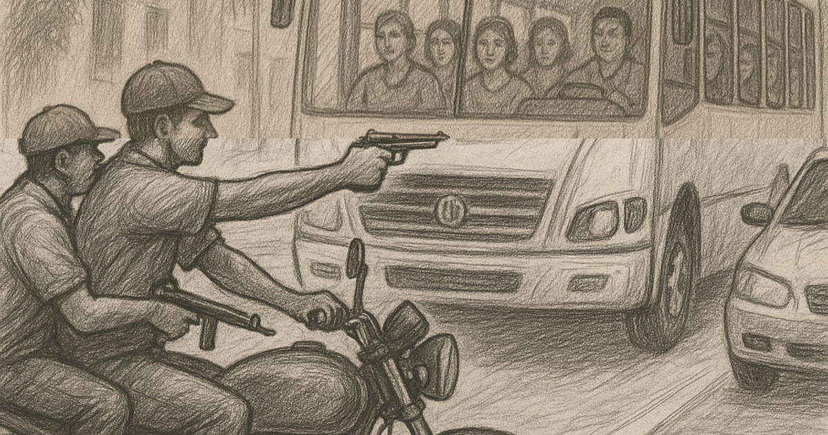 Dibujo en blanco y negro de un asalto en un autobús en Mazatlán, con dos hombres en motocicleta apuntando con una pistola.