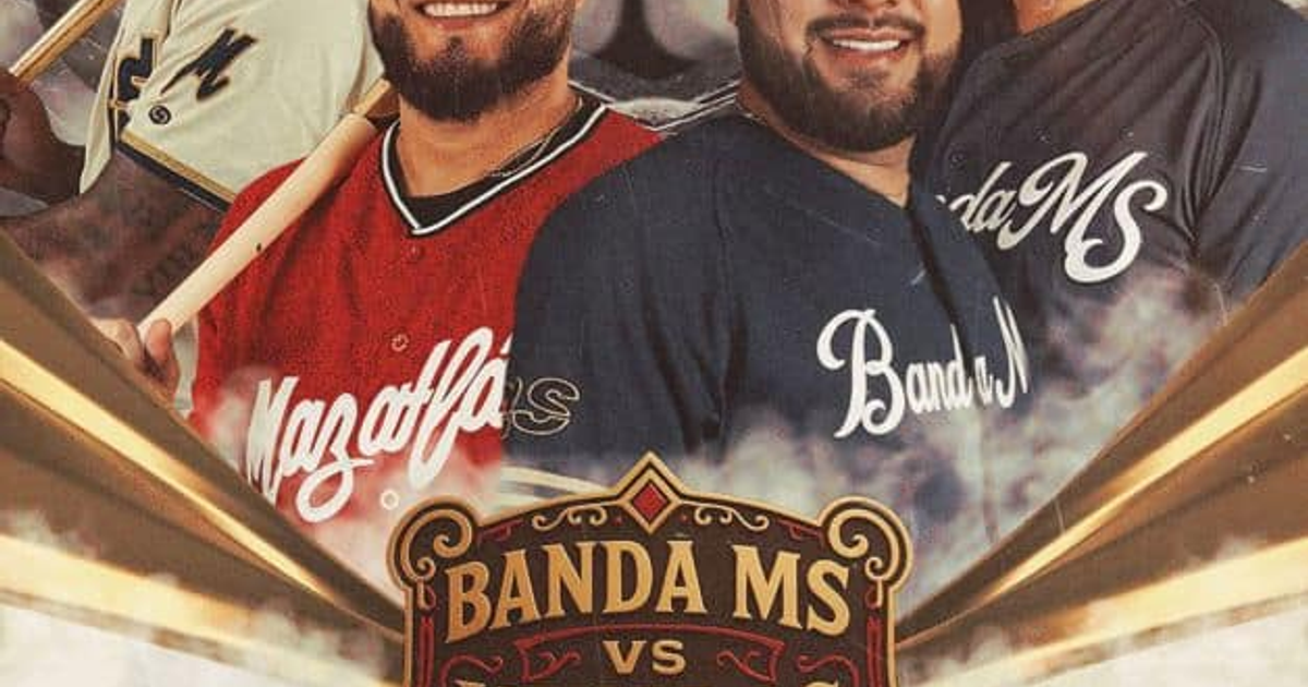 Cartel promocional del evento Banda MS vs Venados de Mazatlán, mostrando músicos con jerseys de equipos deportivos.