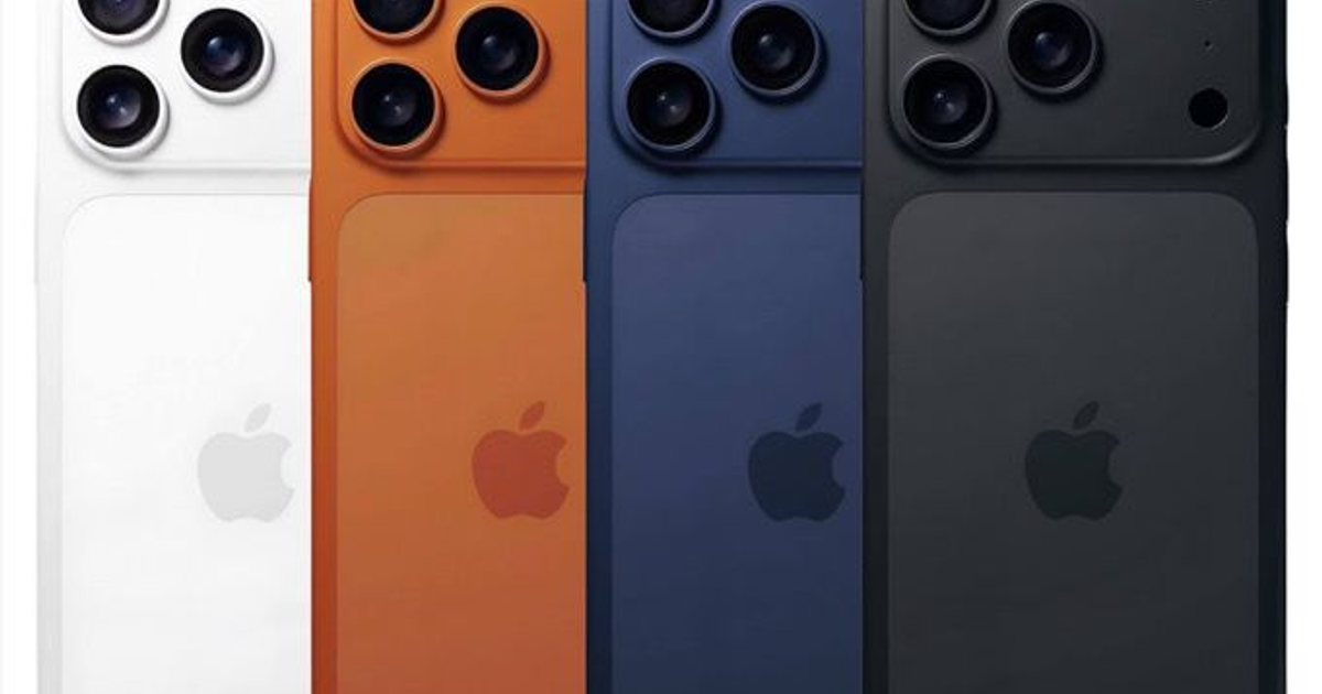 Fila de nuevos iPhones de Apple en diferentes colores: blanco, naranja, azul y negro, con sistema de cámaras traseras.