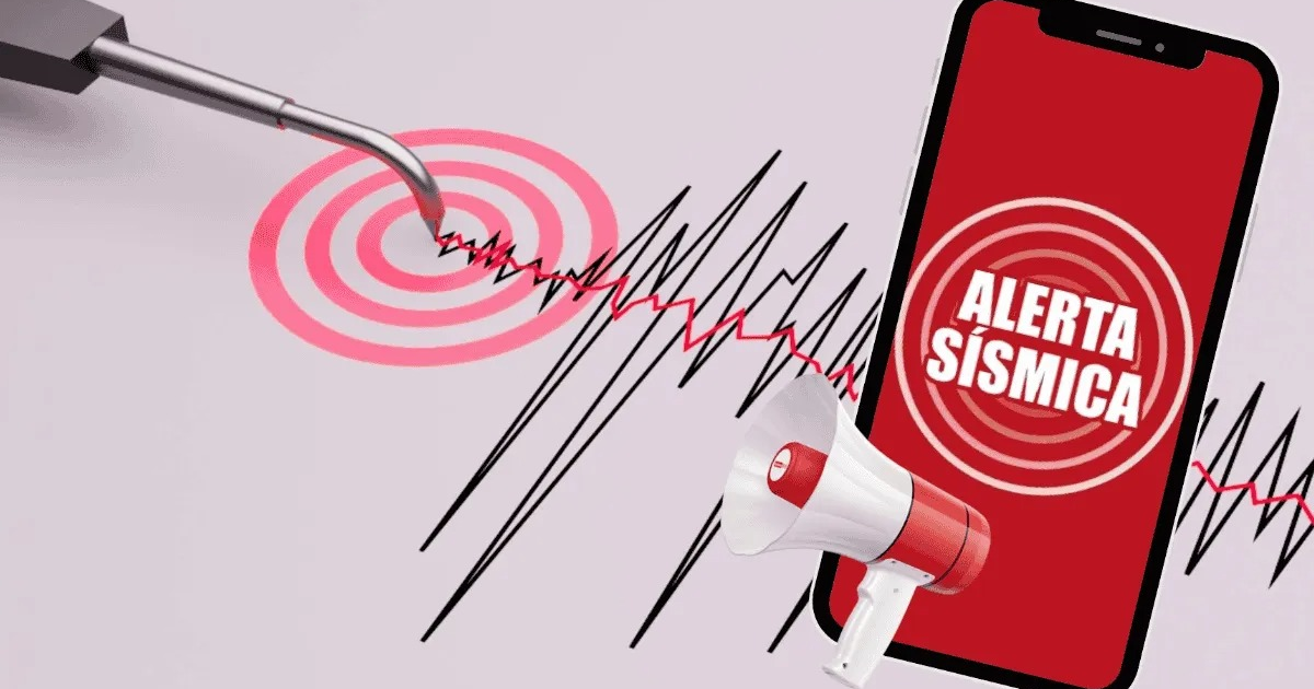 Dispositivo de alerta sísmica con sismógrafo y gráfico de alerta en móvil