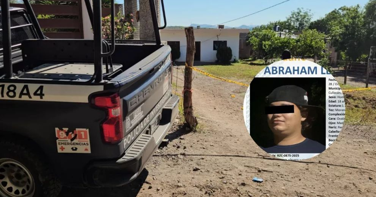 Camioneta de Policía de Investigación en escena de hallazgo en Culiacán con cinta amarilla y recuadro informativo.