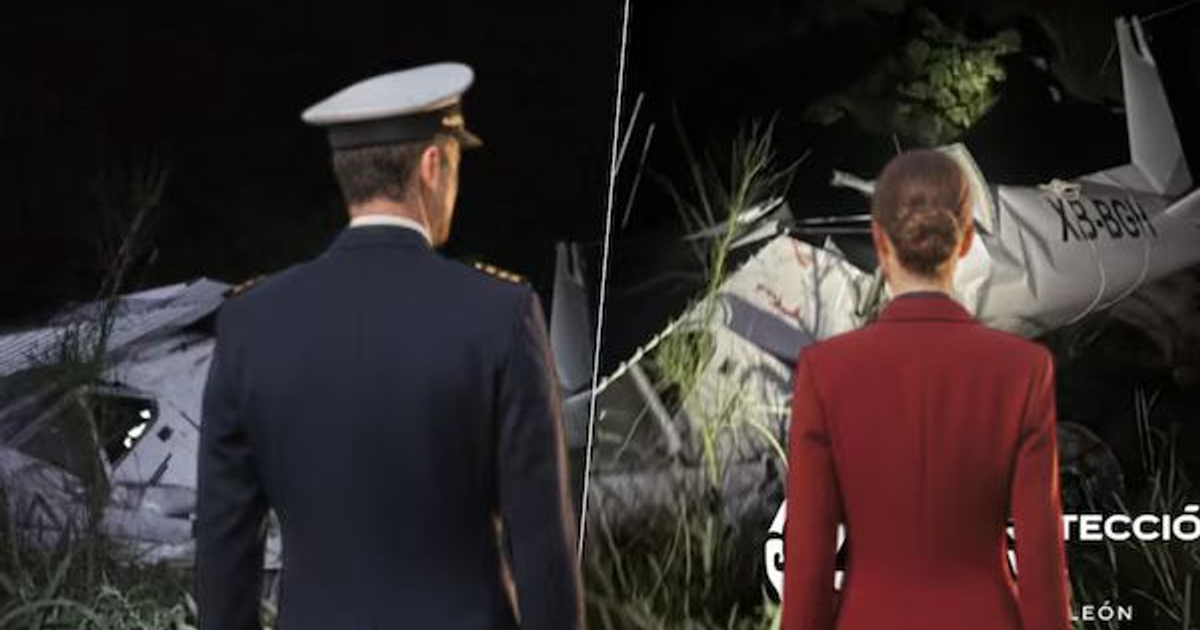 Piloto y mujer observan avión estrellado en García, Nuevo León