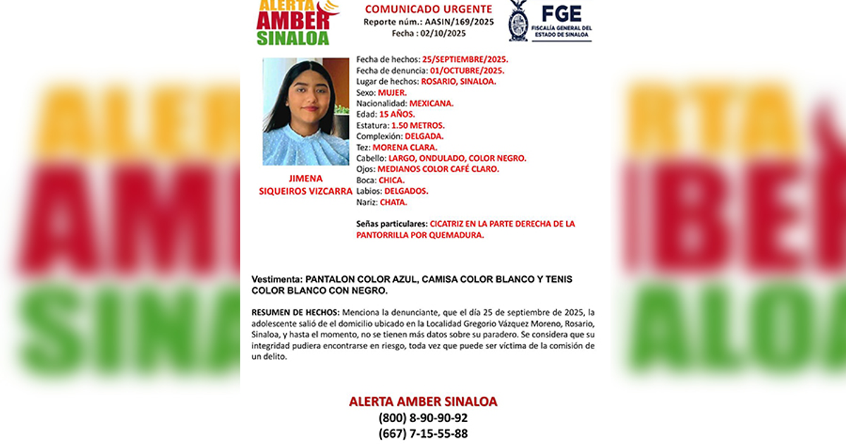 Comunicado de Alerta Amber Sinaloa sobre Jimena Siqueiros Vizcarra, adolescente desaparecida.