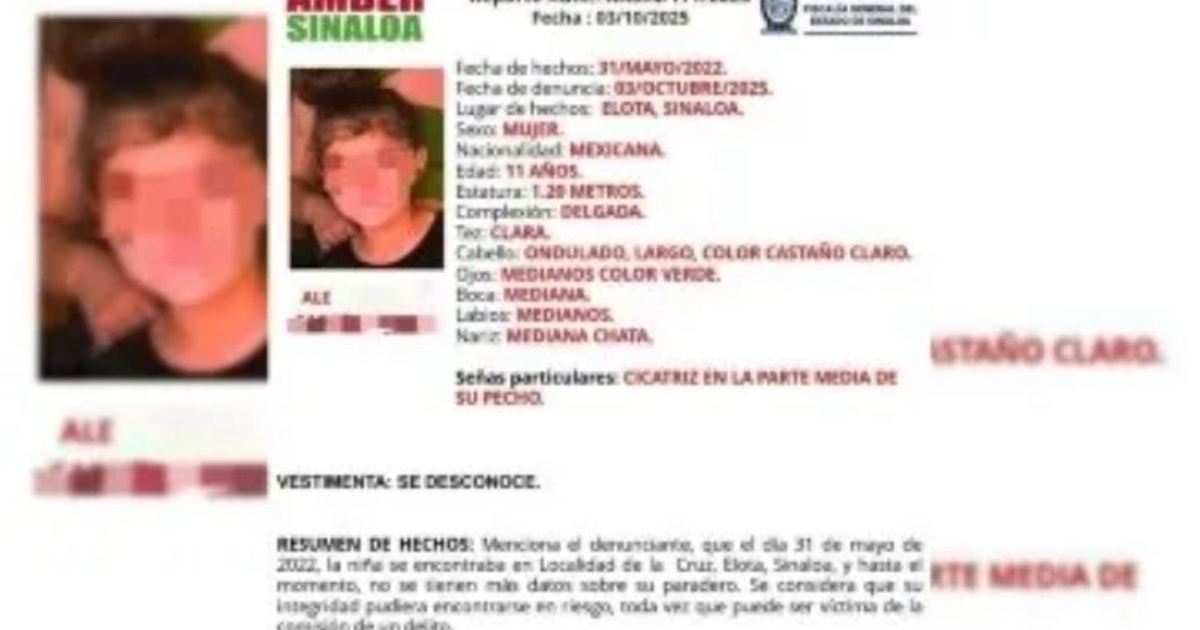 Cartel de búsqueda de niña desaparecida con Alerta AMBER en Mazatlán, Sinaloa.
