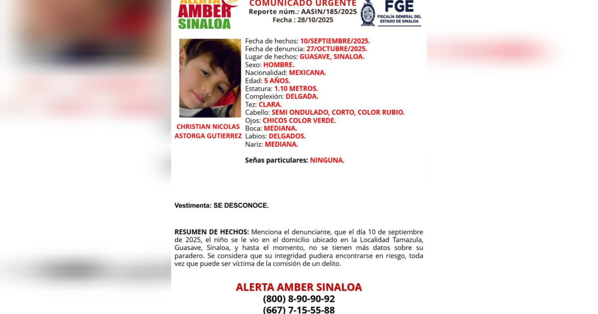 Comunicado de Alerta Amber para Christian Nicolás Astorga Gutiérrez, niño desaparecido en Sinaloa.