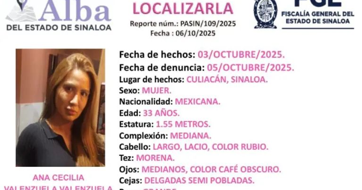 Cartel de búsqueda de Ana Cecilia Valenzuela, desaparecida en Sinaloa, México.
