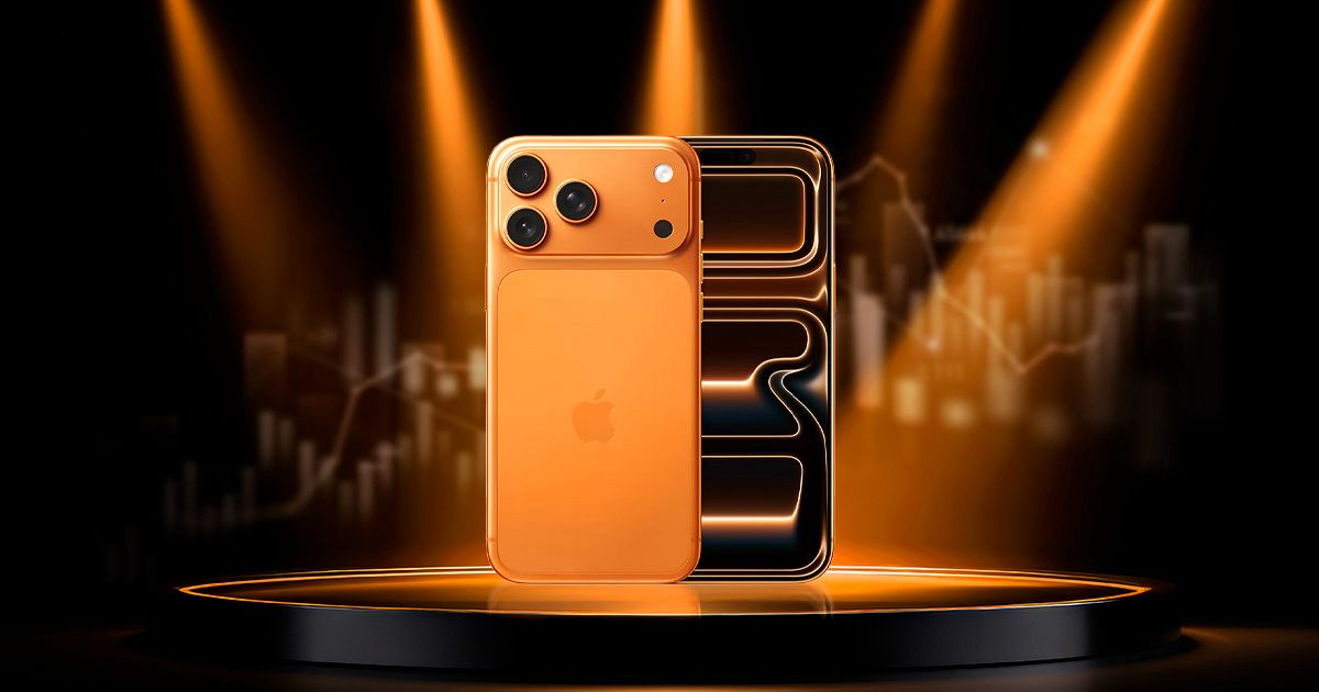 Dos teléfonos móviles en un escenario iluminado, uno naranja con tres cámaras y otro negro de diseño moderno, en un evento de presentación tecnológica.