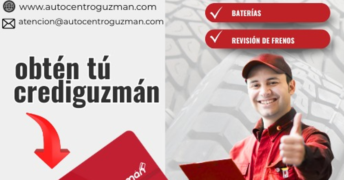 Anuncio de Autocentro Guzmán con mecánico sonriente y servicios automotrices destacados