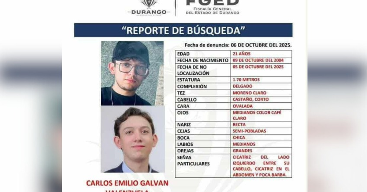 Imagen del reporte de búsqueda de Carlos Emilio Galván Valenzuela, desaparecido en Mazatlán.