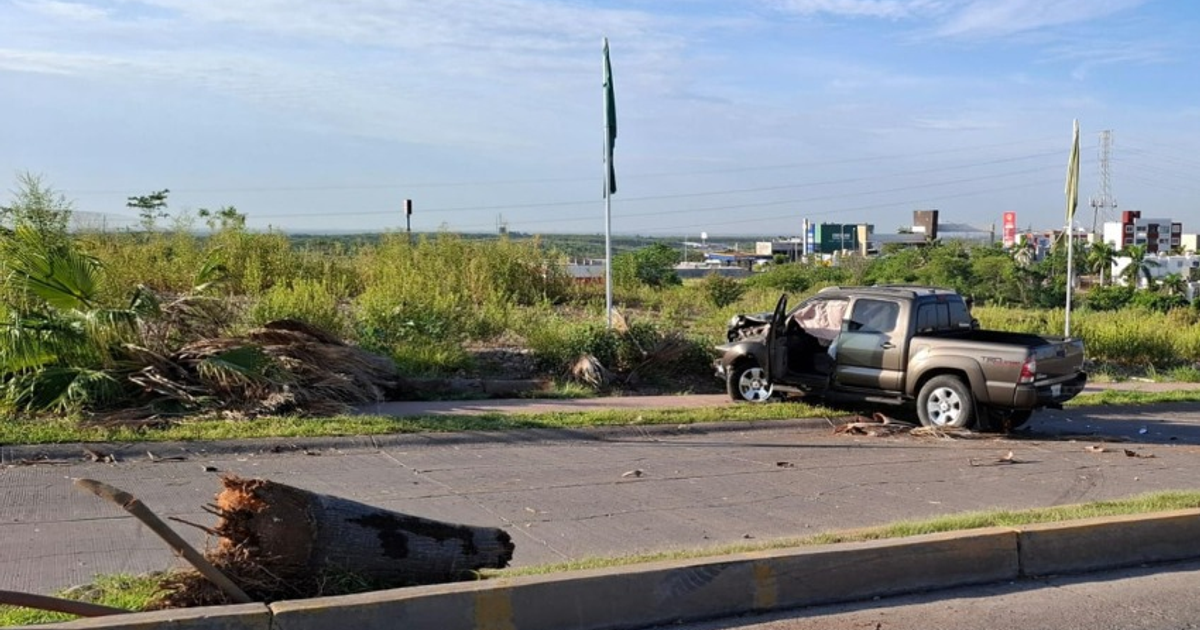 Camioneta Toyota Tacoma gris dañada tras accidente en Culiacán, rodeada de vegetación y troncos caídos.