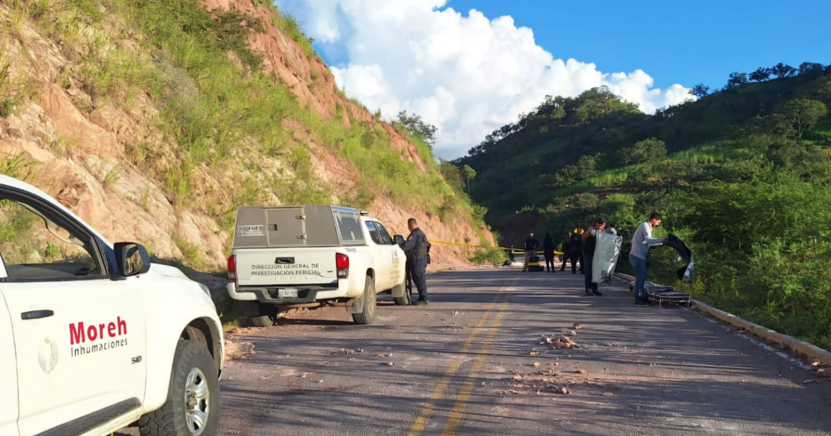 Carretera montañosa con vehículos de investigación y personal de emergencia tras hallazgo de cuerpos encobijados.