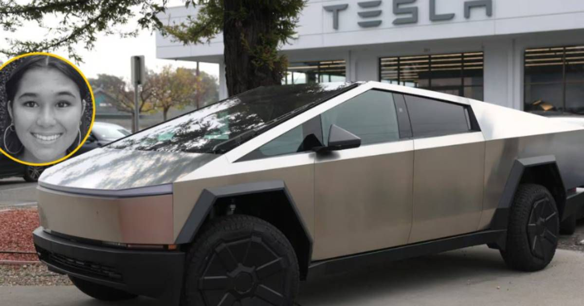 Tesla Cybertruck estacionada frente a un edificio de Tesla, con una fotografía de una persona en la esquina superior izquierda.