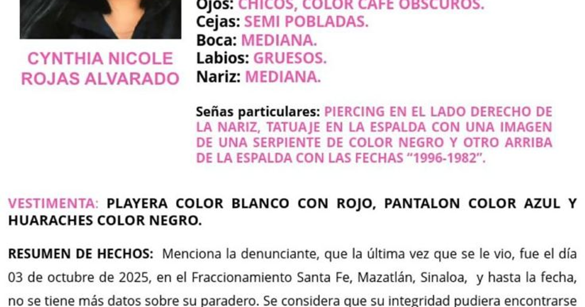 Aviso de búsqueda de Cynthia Nicole Rojas Alvarado, desaparecida en Mazatlán, Sinaloa, el 3 de octubre de 2025.