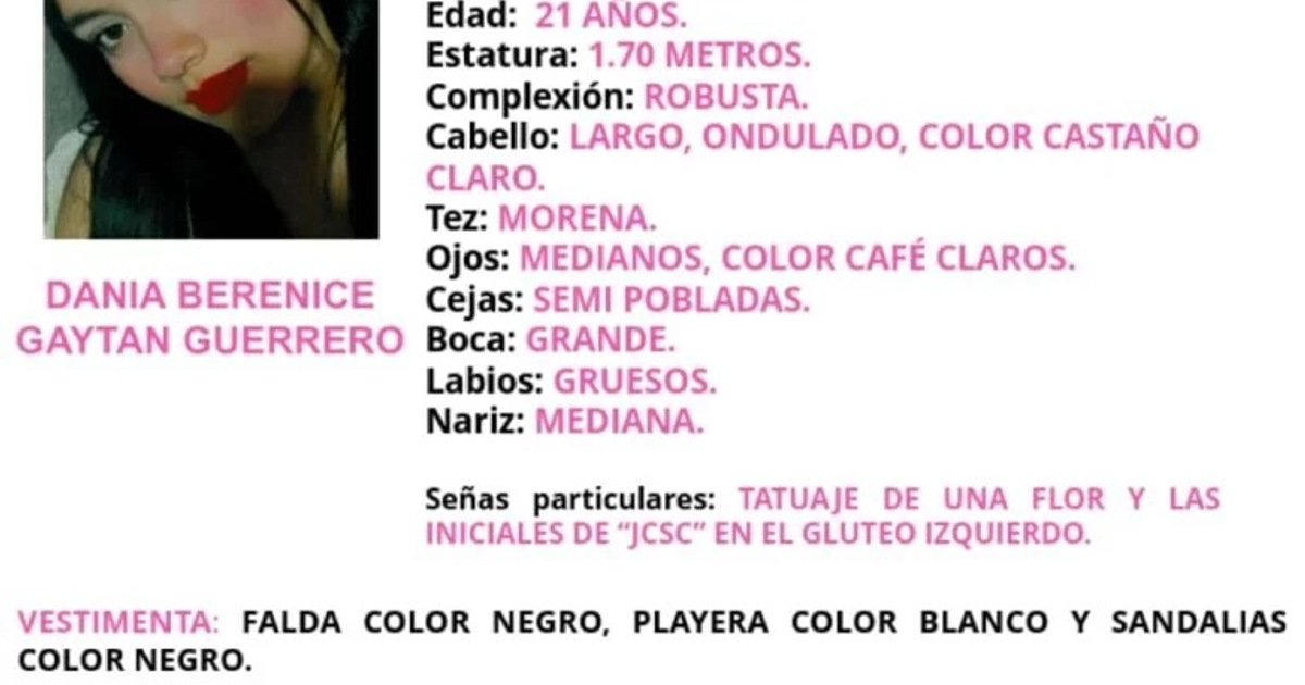 Ficha de búsqueda de Dania Berenice Gaytán Guerrero, desaparecida en Mazatlán.