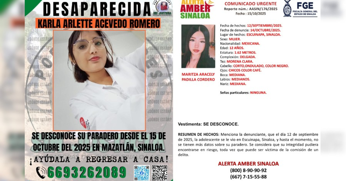 Alerta de desaparición de Karla Arlette Acevedo Romero en Mazatlán, Sinaloa.