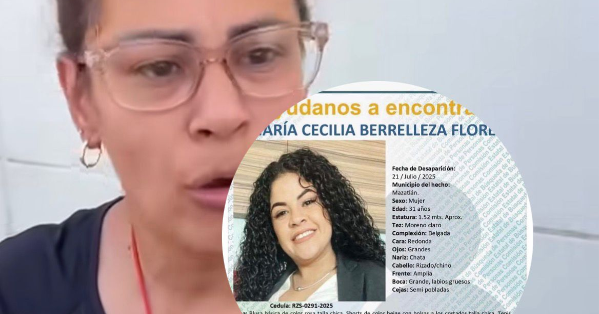 Nadia Margarita Berrelleza junto a cartel de desaparición de María Cecilia Berrelleza Flores en Mazatlán.