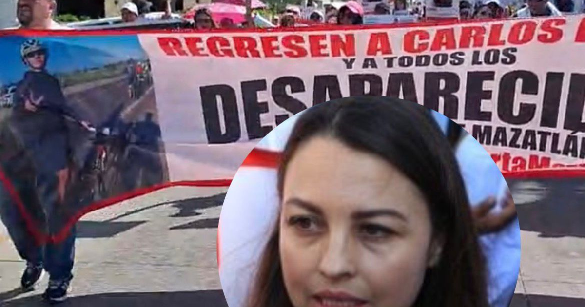 Manifestación en Mazatlán por Carlos Emilio y desaparecidos, con pancarta y mujer hablando a medios.