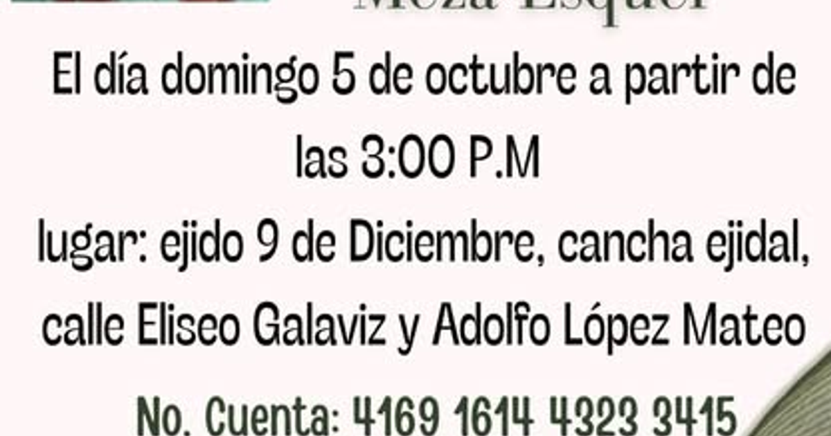Anuncio del evento benéfico para Aylín en la cancha ejidal del Ejido 9 de Diciembre