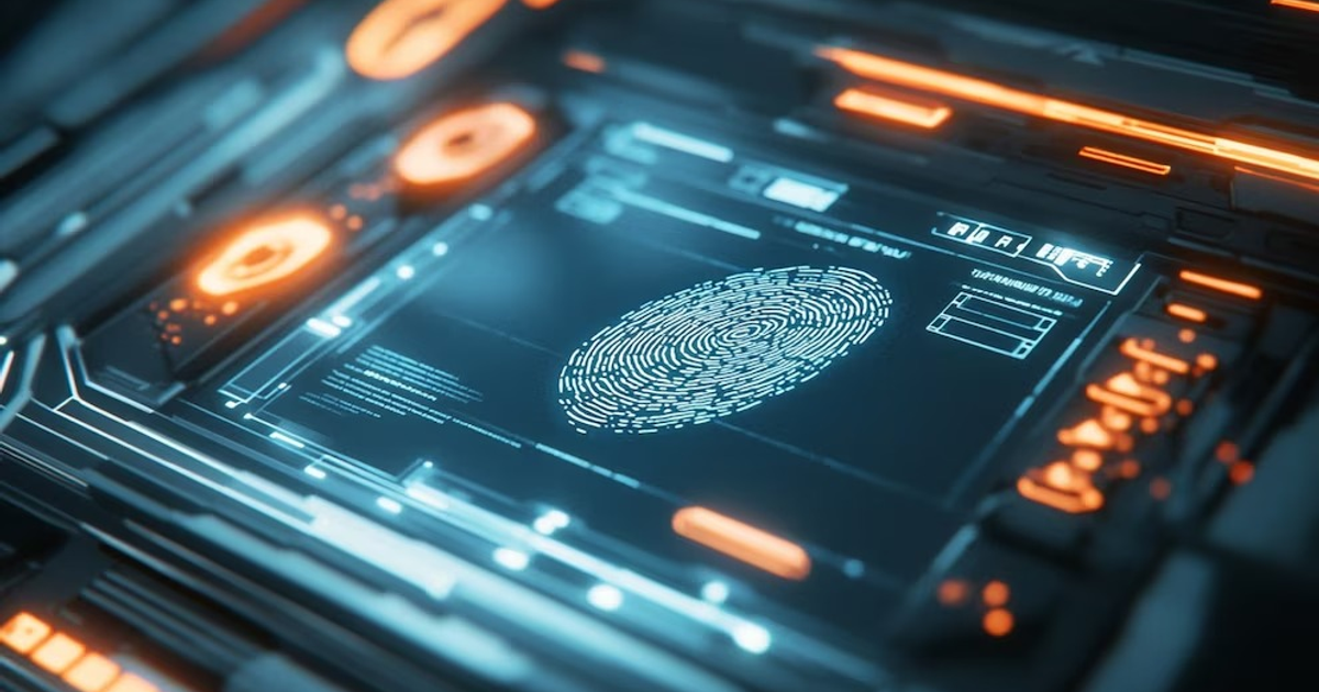 Interfaz futurista con huella digital, simbolizando el sistema EES de la UE.