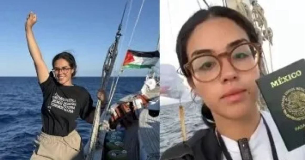Arlin Medrano en barco humanitario El Adara, mostrando pasaporte mexicano tras interceptación en aguas internacionales.