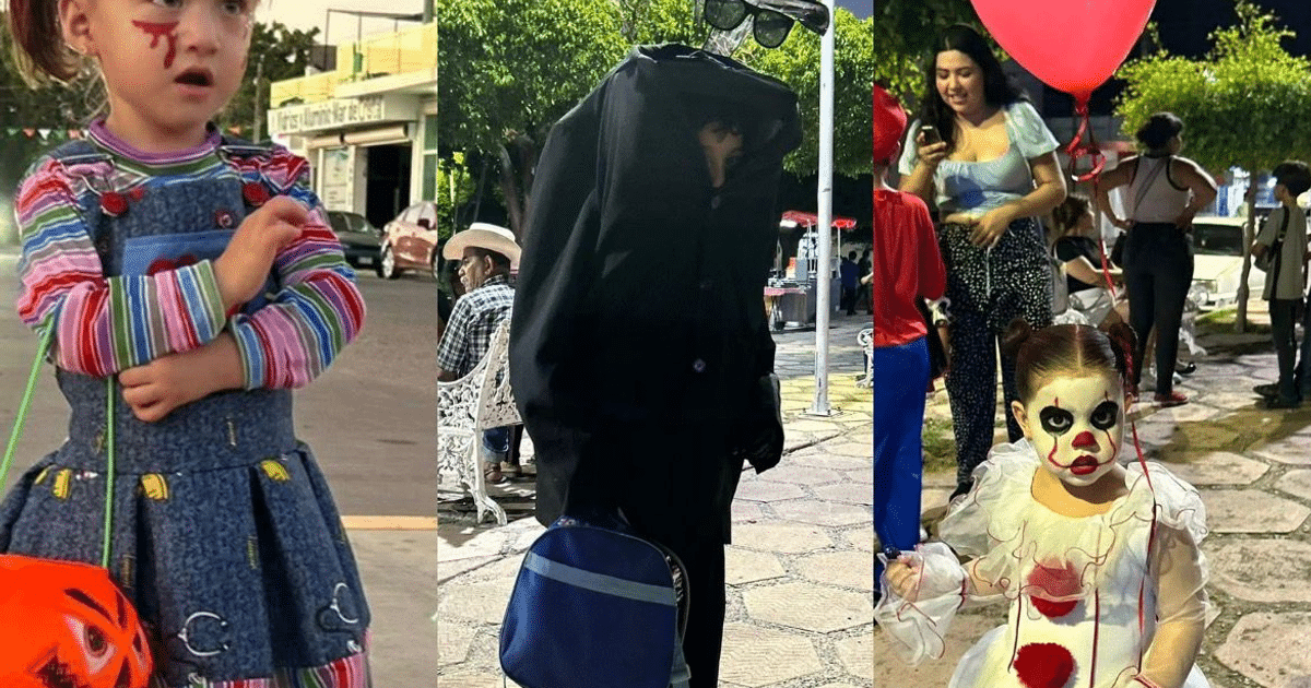 Niños disfrazados celebrando Halloween en La Cruz, Sinaloa, con disfraces variados y un ambiente festivo.