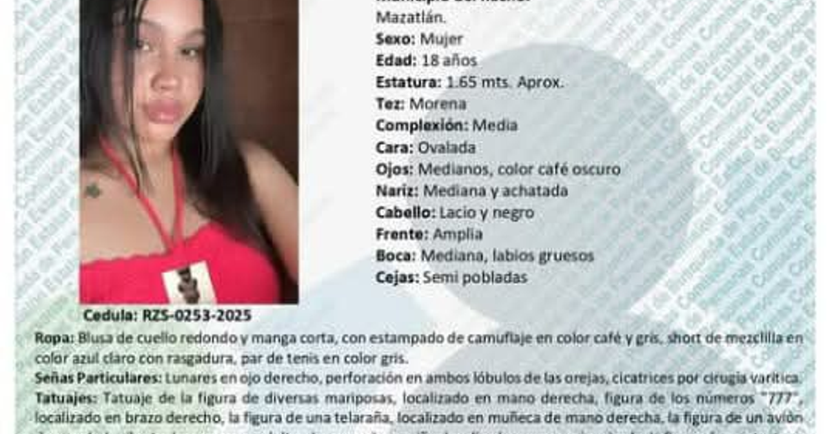 Ficha de búsqueda de Helena Vela Leyva, joven desaparecida en Mazatlán.