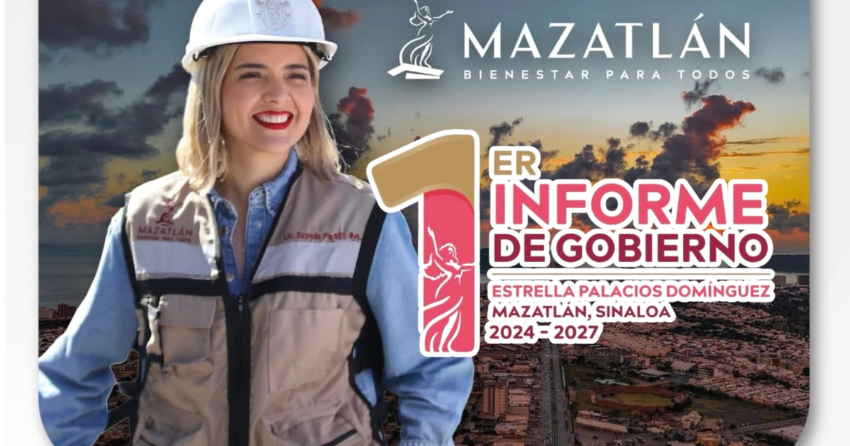 Persona con chaleco y casco de seguridad frente a un paisaje urbano en Mazatlán, con texto del informe de gobierno 2024-2027.